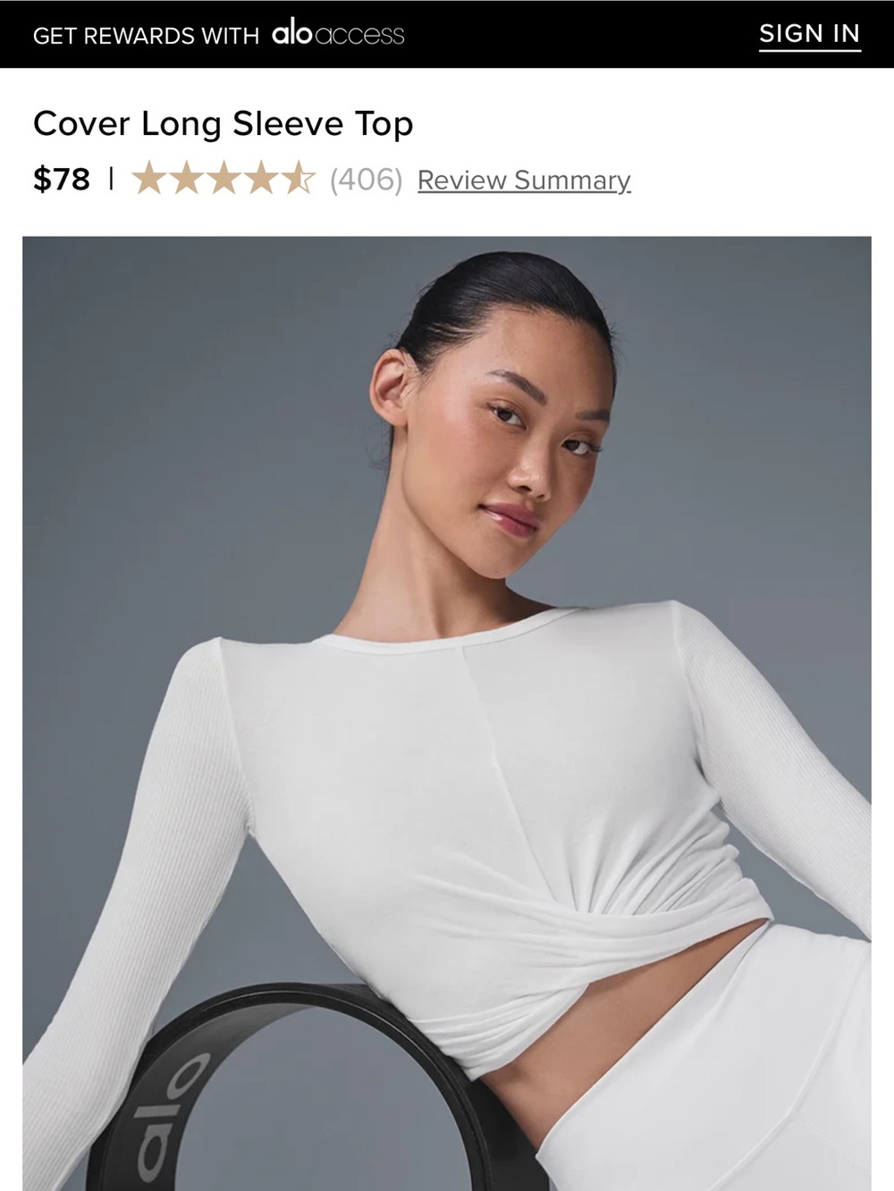 ALO Yoga Cover Long Sleeve Top in White with Twist-Front